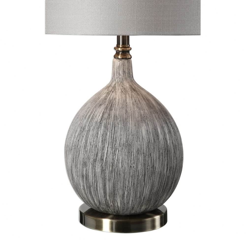 Textured 1 Light Ivory Ceramic Table Lamp with Beige Linen Round Hardback Drum Shade, 3-Way Switch