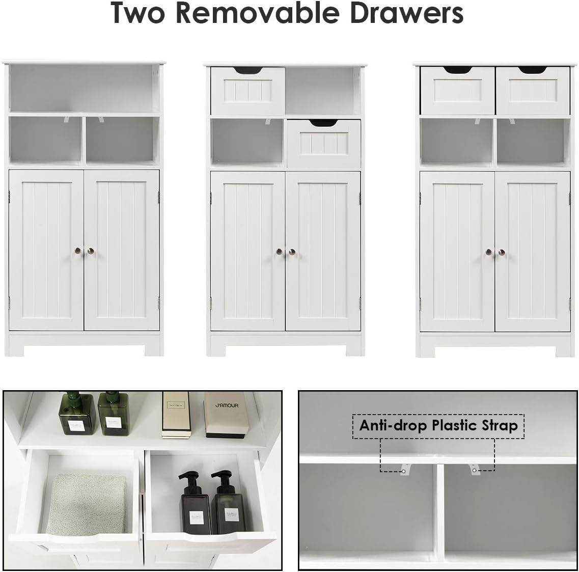 Bathroom Floor Cabinet, Storage Cabinet w/Open Shelf, 2 Doors & 2 Adjustable Drawers,