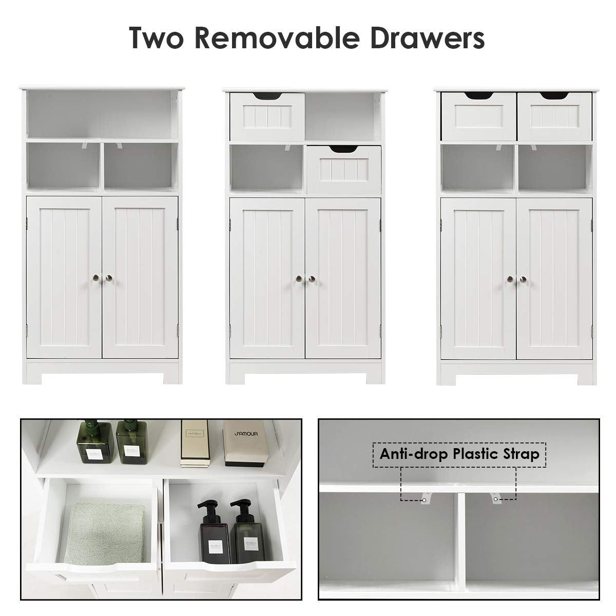 Bathroom Floor Cabinet, Storage Cabinet w/Open Shelf, 2 Doors & 2 Adjustable Drawers,