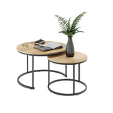 Nesting Coffee Table Set of 2, 27.6" Round Coffee Table Wood Grain Top with Adjustable Non-Slip Feet, Industrial End Table Side Tables for Living Room Bedroom Balcony Yard