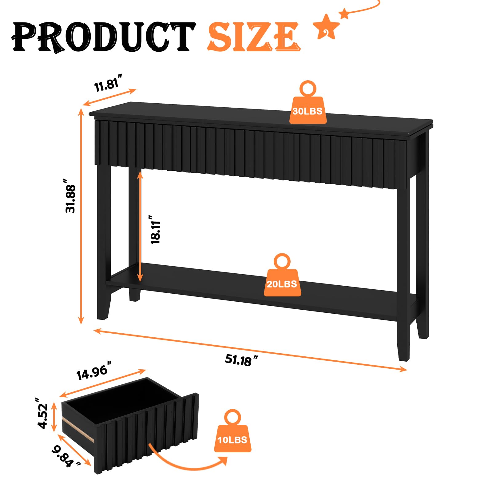 Black Fluted Console Table with 3 Drawers
