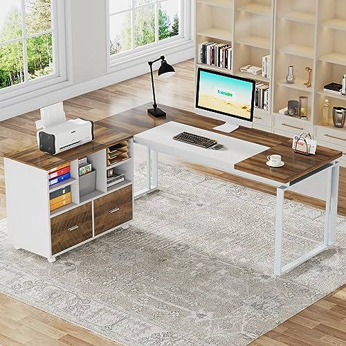 L-Shaped Executive Desk with Reversible File Cabinet, 63" Office Desk with Storage