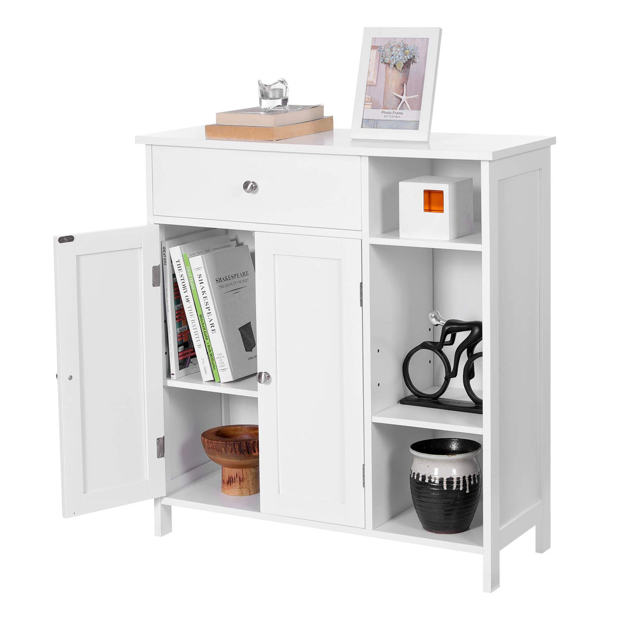 Bathroom Floor, Freestanding Storage Cabinet with Drawer, 3 Open Compartments,