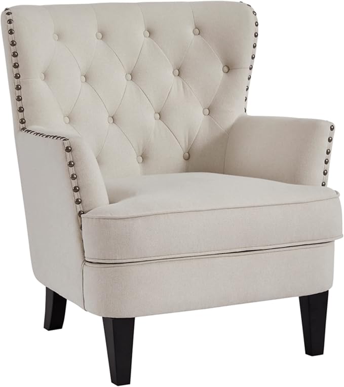 Romansque Button Tufted Accent Chair with Nailhead Trim, Beige
