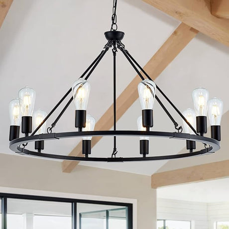 Black Farmhouse Wagon Wheel Chandelier 10-Light 31.5'' Vintage Industrial Round