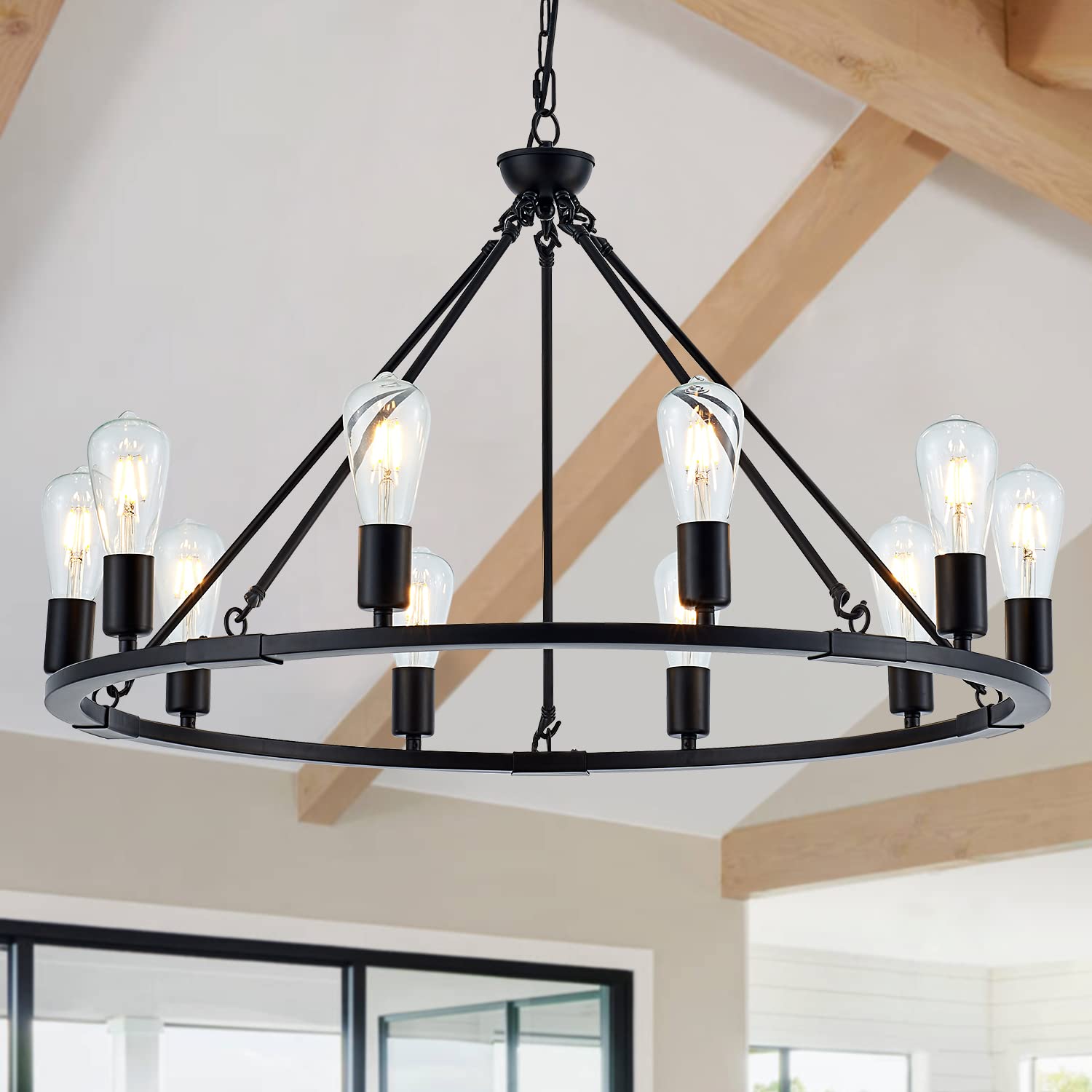 Black Farmhouse Wagon Wheel Chandelier 10-Light 31.5'' Vintage Industrial Round