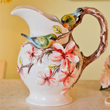 Large Water Pitcher Flower Vase, 3D Hand-Painted Magnolia and Bird Home Decor