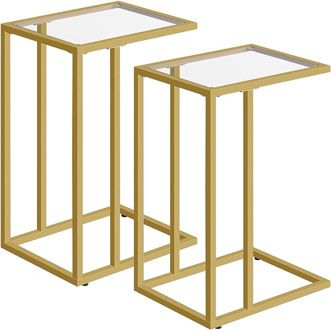 Shaped End Table, Tempered Glass Snack Side Table with Metal Frame