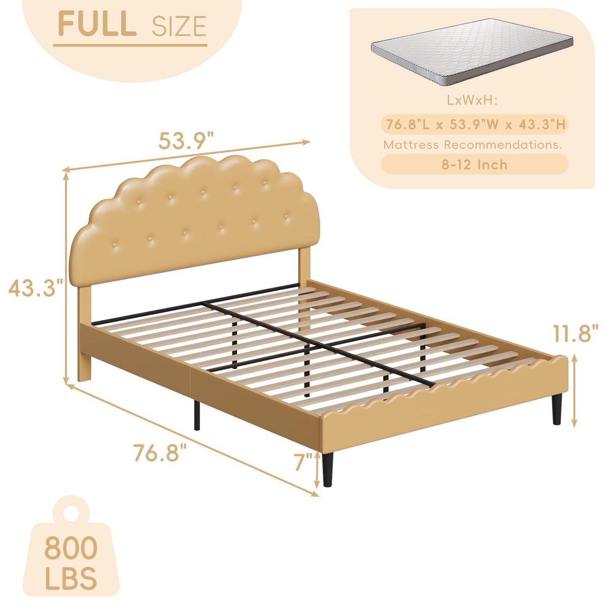 Full Size Bed Frame with Cookie Headboard, Upholstered Platform Bed with Button Tufted Headboard, Princess Bed for Kids/Girls/Teens, No Box Spring Needed, Noise Free, Easy Assembly, Yellow