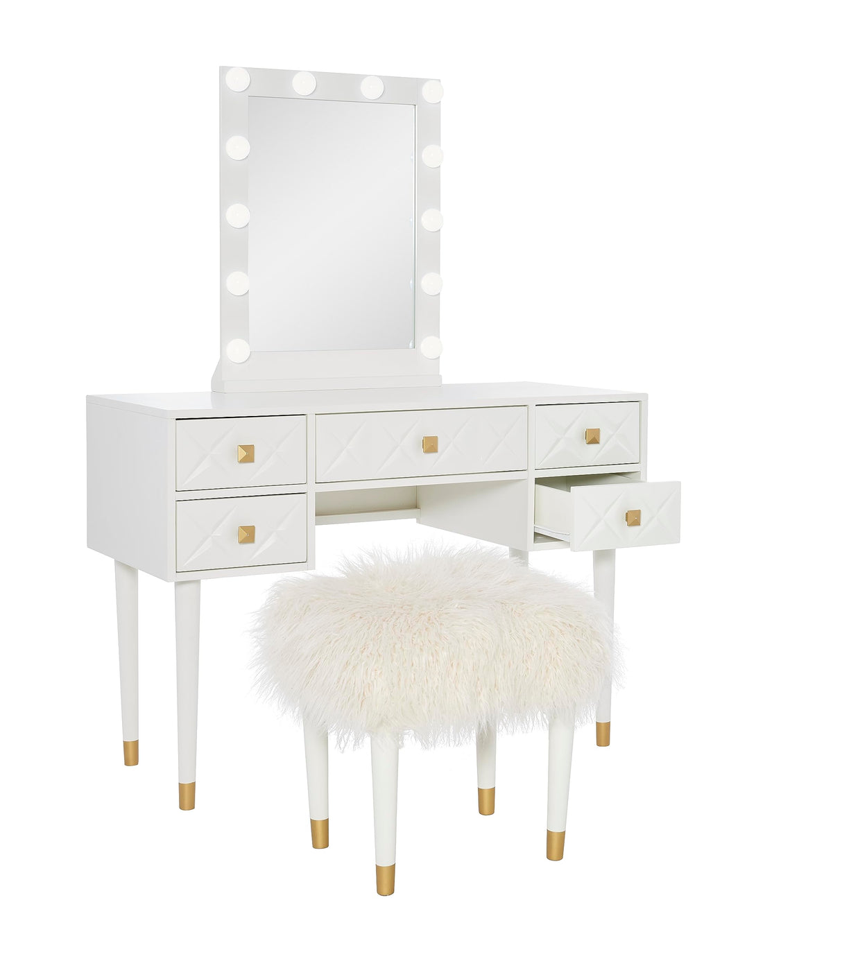 Makeup Vanity Two Piece Set with Lighted Glam Mirror Accents, White and Gold