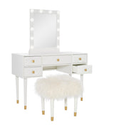 Makeup Vanity Two Piece Set with Lighted Glam Mirror Accents, White and Gold