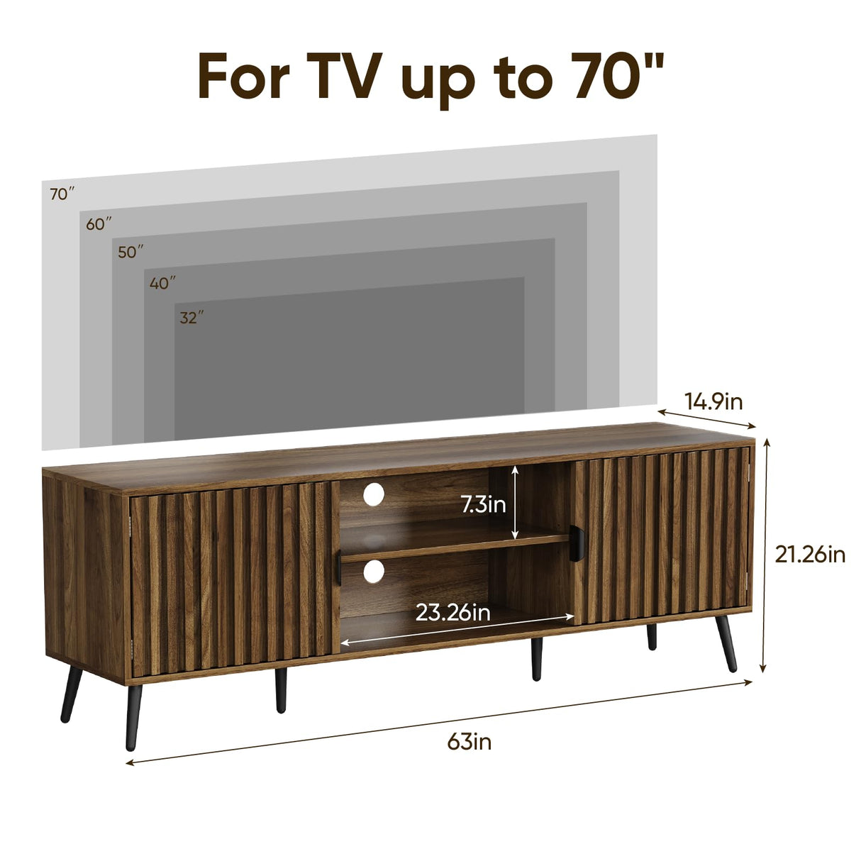 63" Walnut Fluted TV Stand with Storage Cabinets