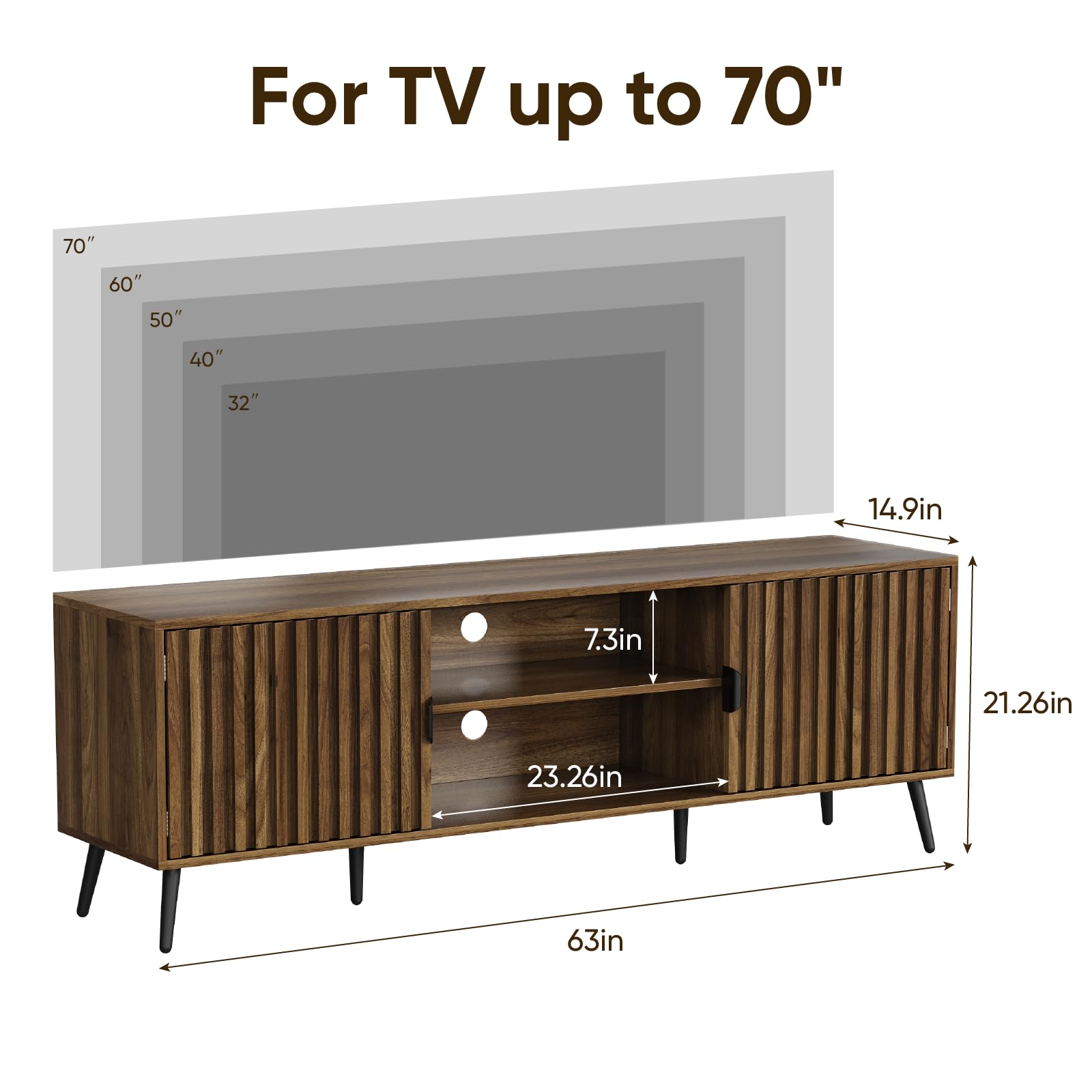 63" Walnut Fluted TV Stand with Storage Cabinets