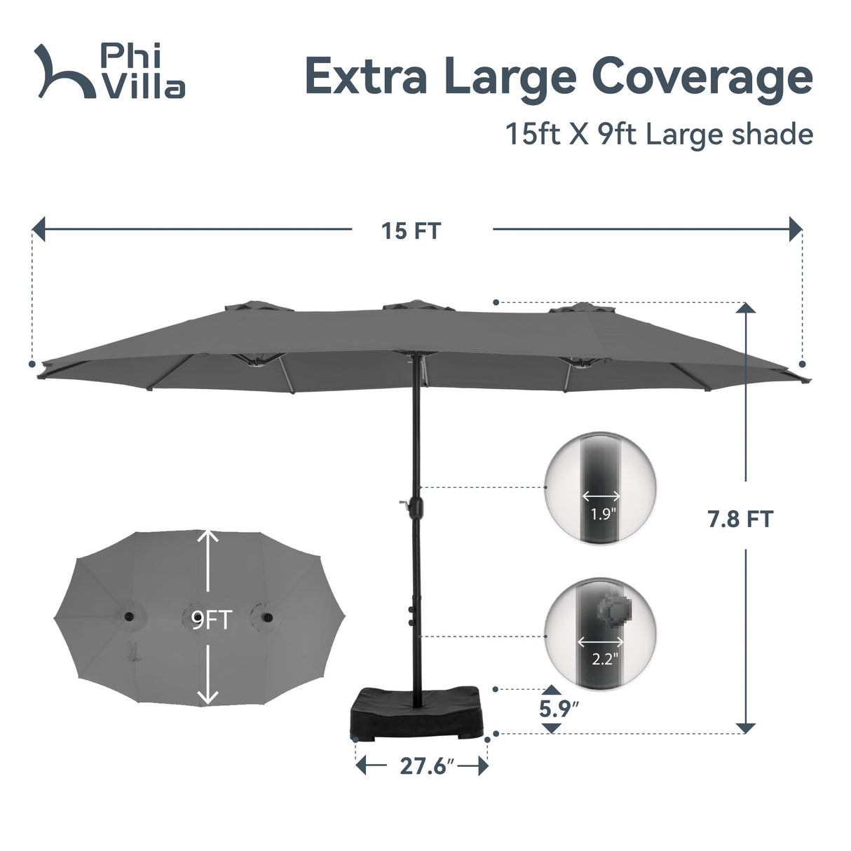 15ft Large Patio Umbrellas with Base, Outdoor Double-Sided Rectangle Market Umbrella for Pool Lawn Garden,