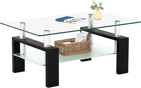 Glass Coffee Table for Living Room, Modern Coffee Table with Black Tempered Glass