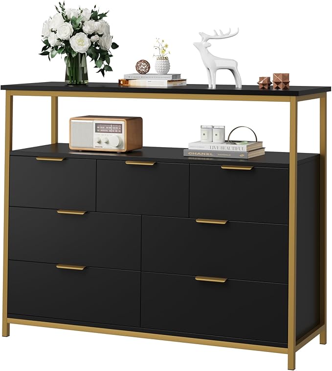 Modern 7 Drawer Dresser, White Dresser with Metal Handles, White and Gold Dresser