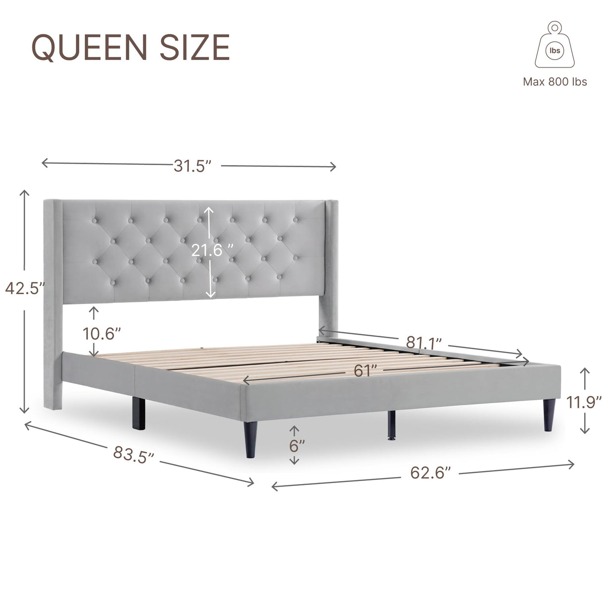 Bed Frame with Headboard Upholstered Button Tufted Platform Mattress Foundation