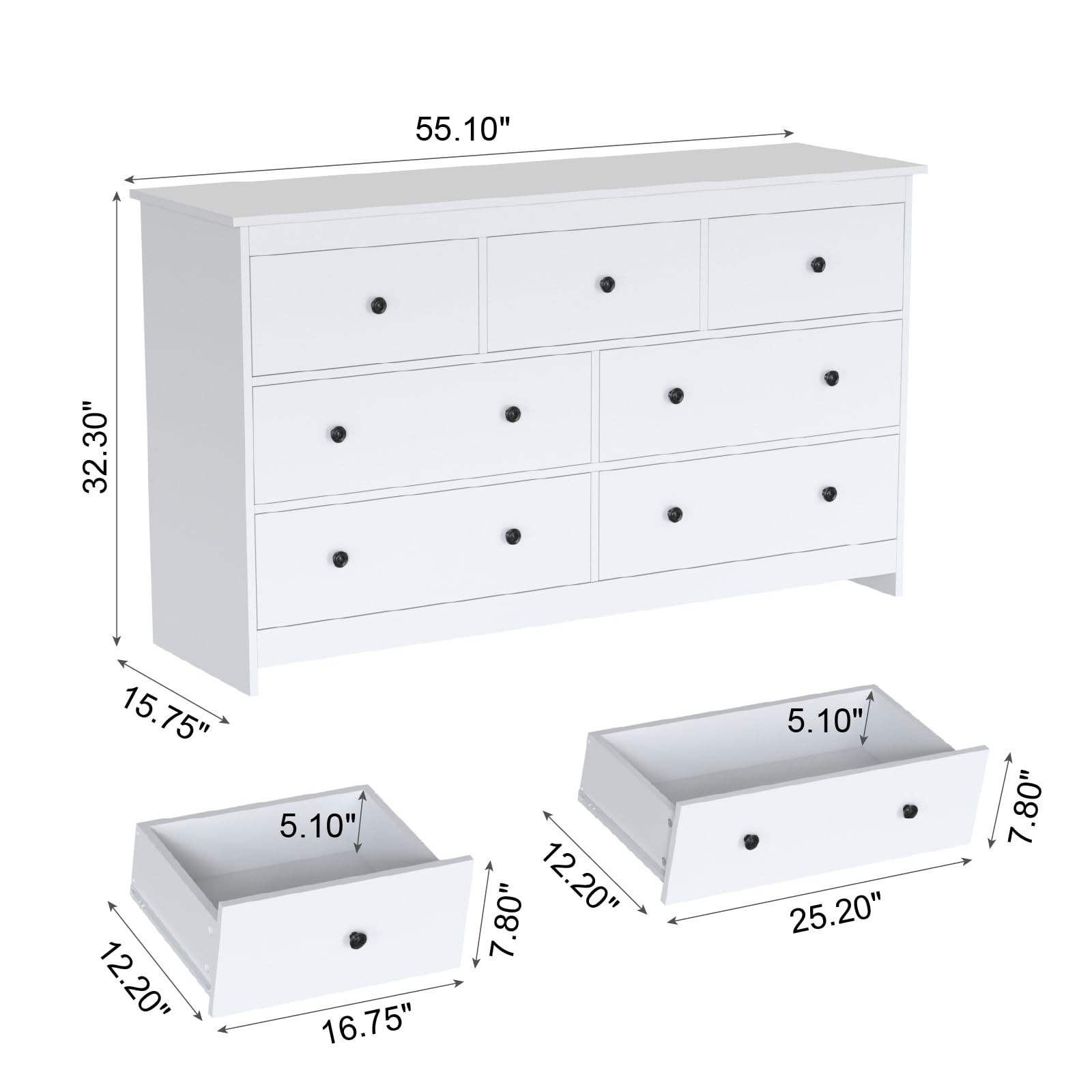 White Dresser for Bedroom, 7 Drawer Dresser with Wide Drawer and Metal Handles