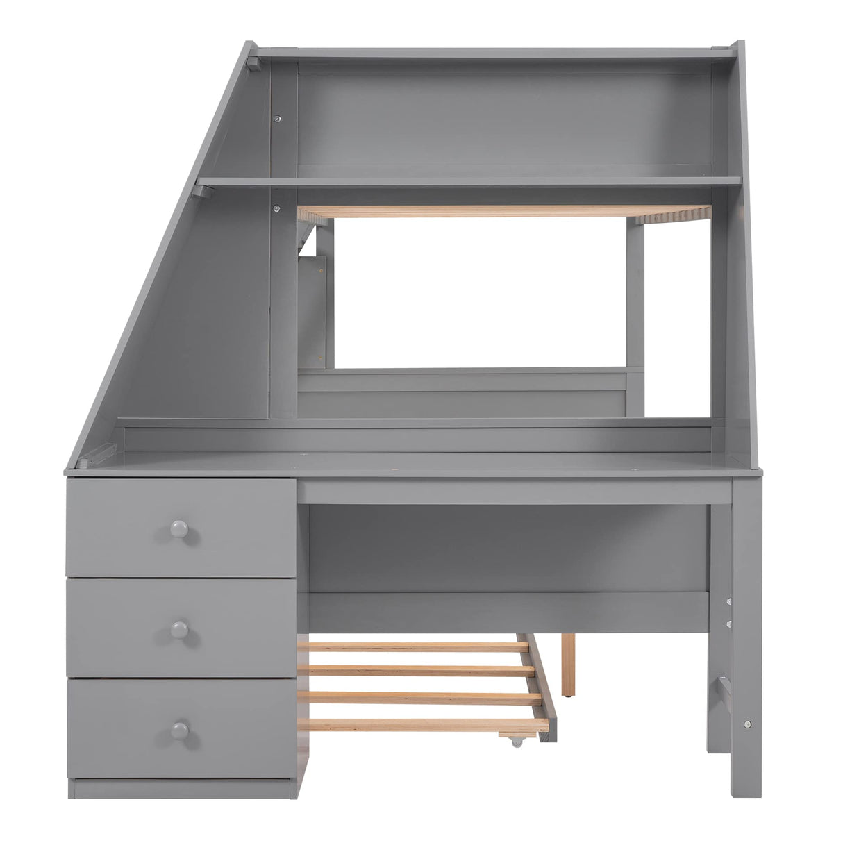 Twin Over Full Bunk Bed with Trundle and Built-in Desk, Solid Wood Bunk Bed Frame