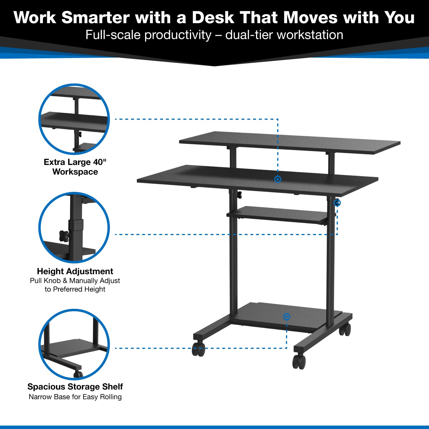 Mount-It! Mobile Desk Workstation 40 Inch Wide Large Rolling Computer Desk is Height Adjustable to 64 Inches, Sit Stand Computer Cart with Multi Level Shelves on Wheels in Black