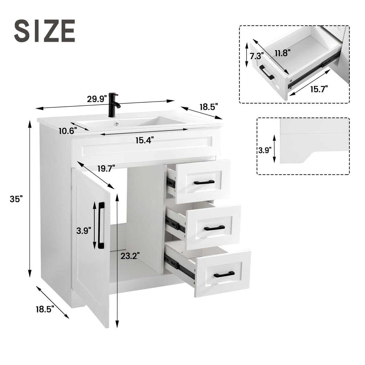 BUPWHEK 30” Luxurious Bathroom Vanity with Ceramic Sink Combo, White Bathroom Cabinet with 1 Soft Closing Door & 3 Full Extension Drawers, Faucet and Pop Up Drain Included