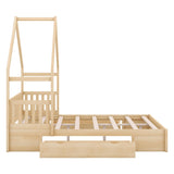 Queen Size House Bed Frame with Storage Drawers and Guardrail