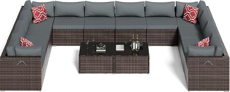 14-Piece Gray Rattan Patio Furniture Sets, Outdoor Conversation Sofa Sets