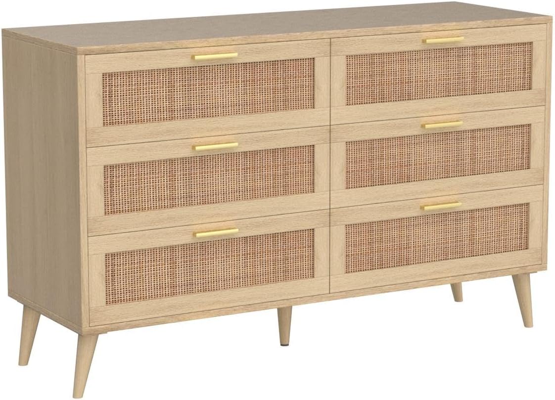 6 Drawer Double Dresser for Bedroom, Rattan Chest of Dressers