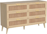 6 Drawer Double Dresser for Bedroom, Rattan Chest of Dressers