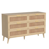 6 Drawer Double Dresser for Bedroom, Rattan Chest of Dressers