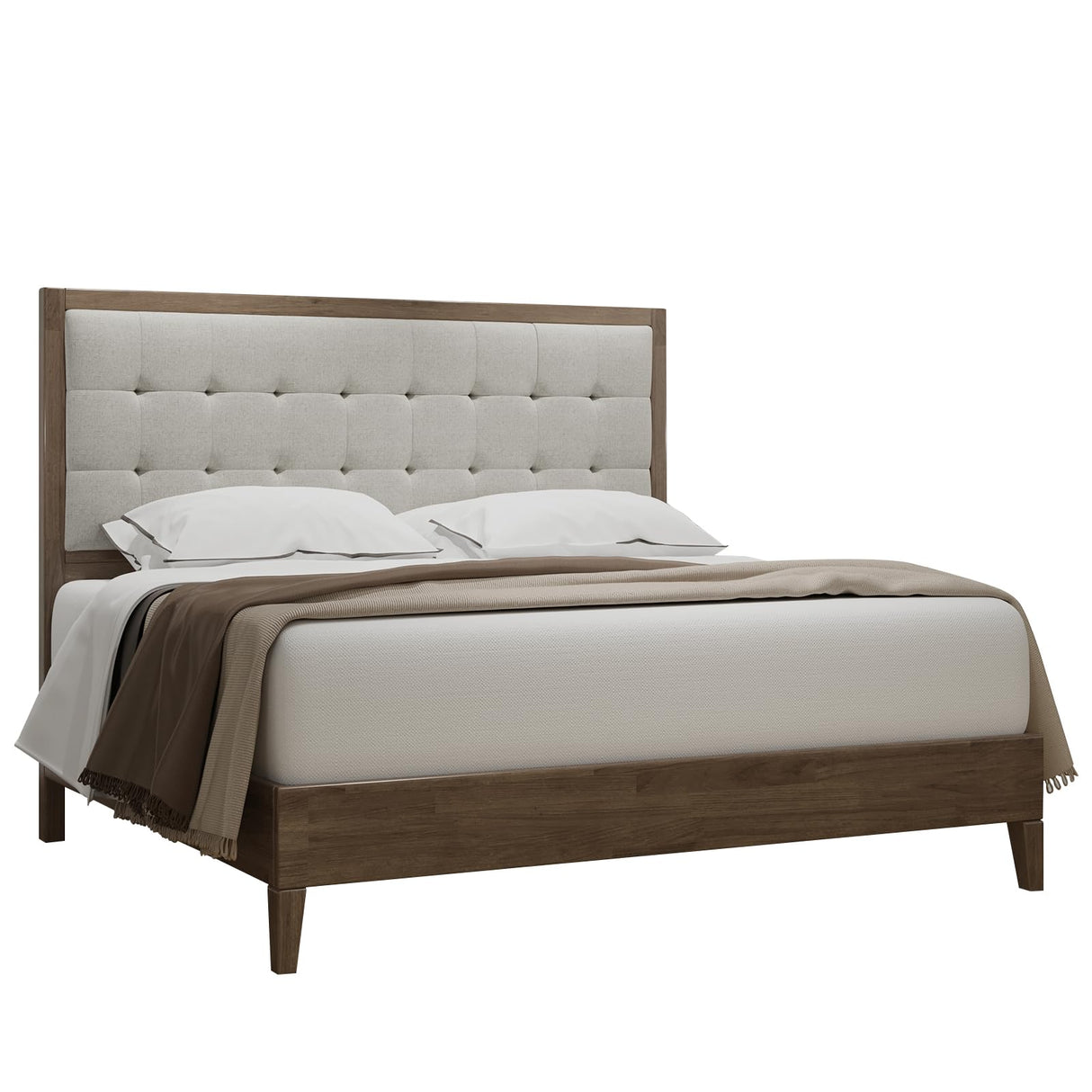 Wood Platform Bed Frame Full Size Upholstered Tufted Headboard/Solid Wood Bed No