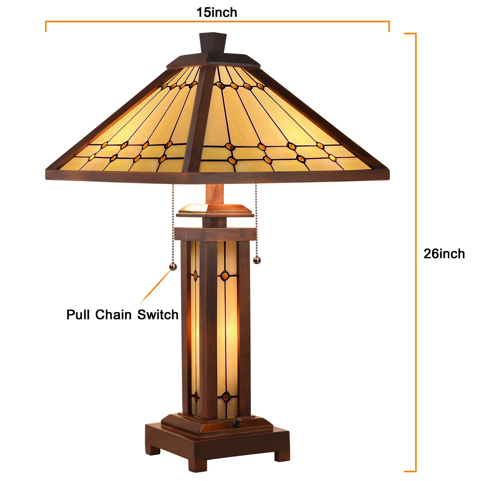 Tiffany Stained Glass Table Lamp with Night Light - 3-Light Mission Style