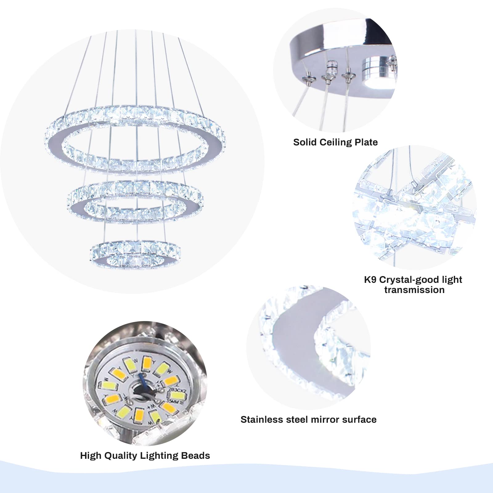 Modern Crystal Chandeliers 3 Rings Round LED Chandelier Fixtures DIY Pendant Lighting