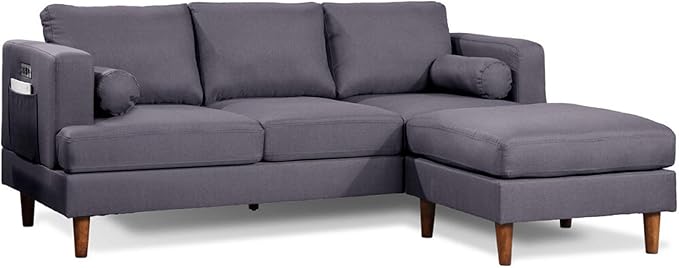 84 Inch Plush Sofa with Reversible Chaise Ottoman, USB, Dark