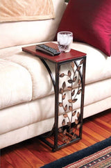 Sofa Side and End Table, Small - Metal, Dark Brown Wood Top With Leaf Design - Perfect