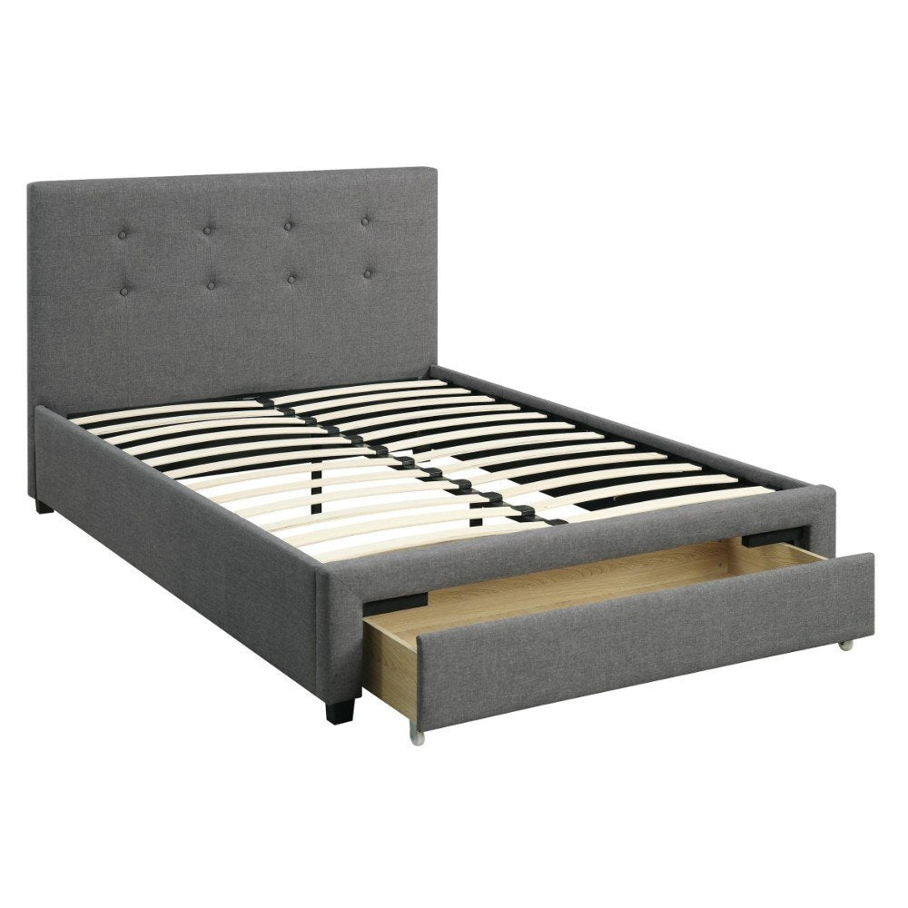 Wooden Full Size Bed with Button Tufted Headboard & Lower Storage Drawer