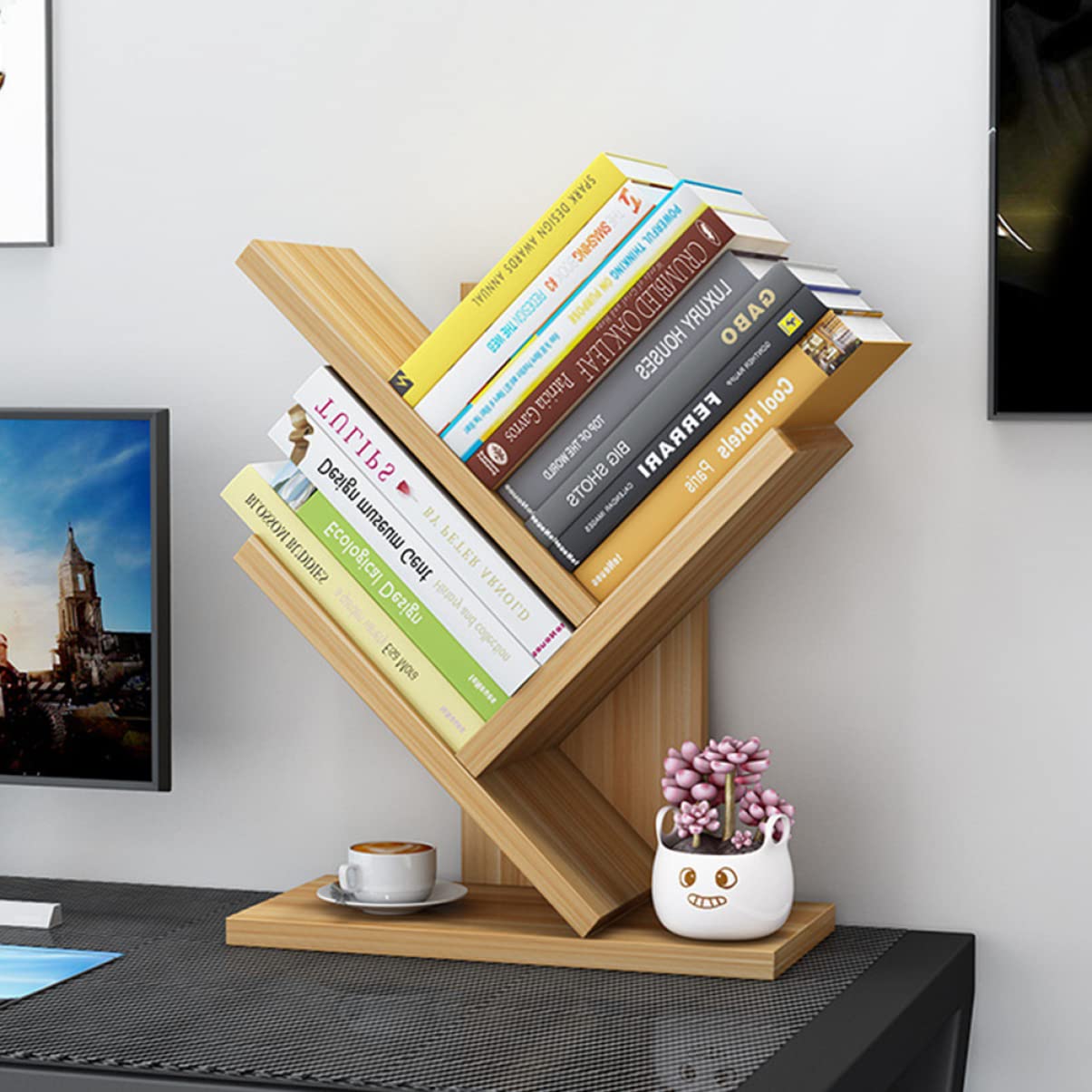 DOITOOL Wooden Bookshelf 3 Bookshelf Small Storage Bookcase Bookcases Desktop Wooden Rack Layers Tabletop Estanteria Fashion Tree Tabletop Bookshelf