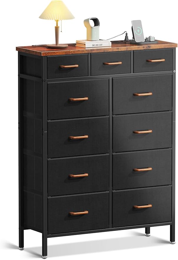 Dresser with Charging Station, 52 Inches Tall Dresser for Bedroom with 11 Storage Drawers, Large Fabric Dressers for Hallway, Light Grey