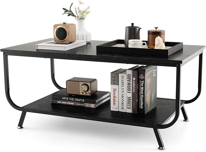 2-Tier Coffee Table, Rectangular Center Cocktail Table with Faux Marble