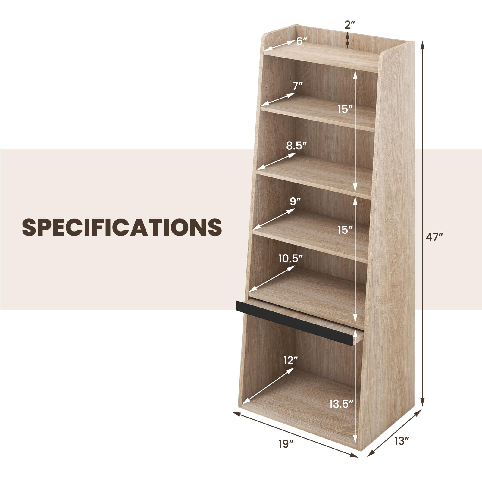 Tier Bookcase, Modern Bookshelf w/ 2 Adjustable Shelves & Flip-up Door, Wood Storage