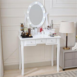 Makeup Vanity Set with Cushioned Stool, Wooden Dressing Table with Oval Mirror and Lights