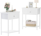 White Nightstands Set of 2, Small Night Stand with Drawer and Shelf Storage End Table for Bedroom