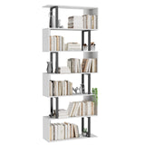 6 Tier Geometric Bookcase,S Shaped Bookshelf, Wood Decorative Storage Shelving, Modern Freestanding Display Shelves, Tall Book Shelf Unit for Living Room Bedroom, White