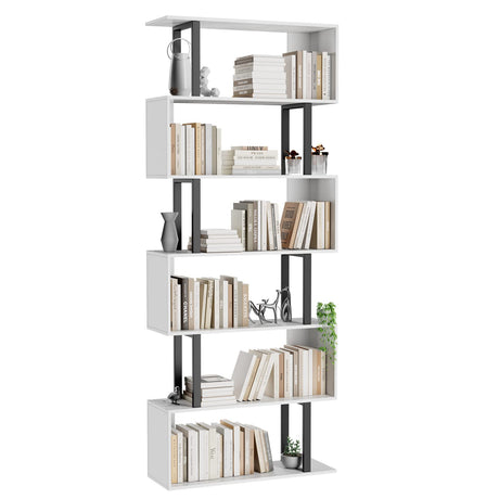 6 Tier Geometric Bookcase,S Shaped Bookshelf, Wood Decorative Storage Shelving, Modern Freestanding Display Shelves, Tall Book Shelf Unit for Living Room Bedroom, White