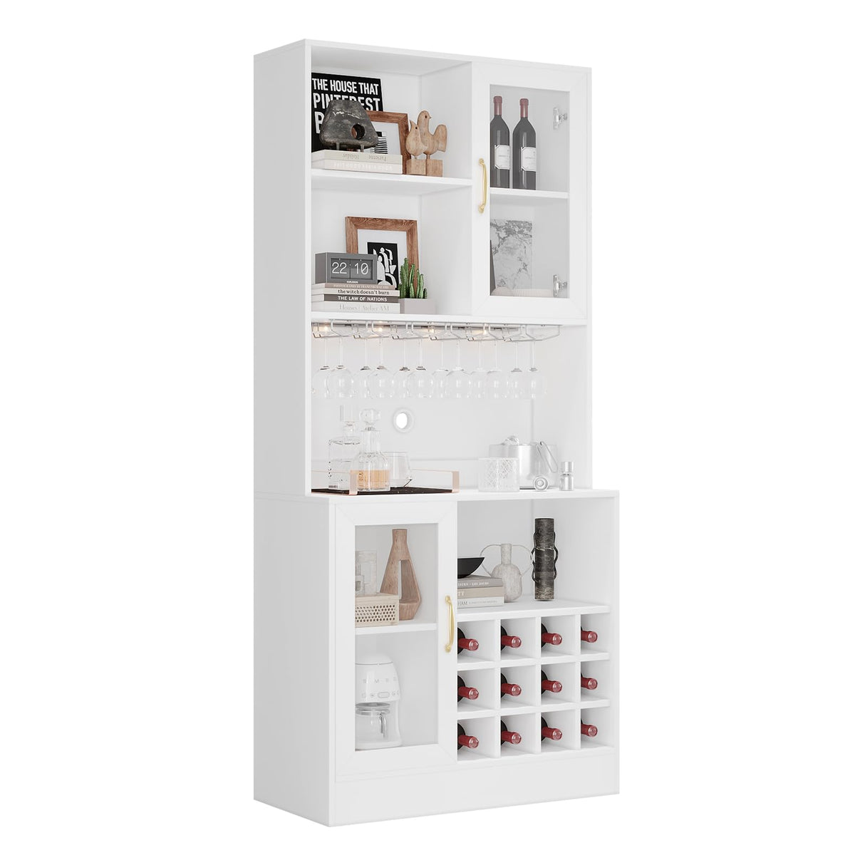 Wine Bar Cabinet with LED Light and Wine Glass Holder, Kitchen Pantry Cabinet