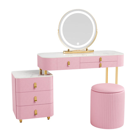 Hunlyman Luxury Makeup Vanity-Vanity Desk with 3-Color Adjustable Lights and 6 Solid Wood Drawers,Dressing Table with Side Cabinet Marble Desktop for Modern Bedroom for Her Gift (Pink)