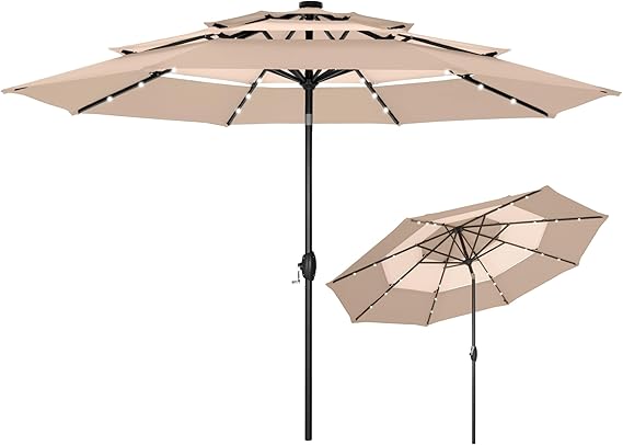 10ft 3 Tier Solar Patio Umbrella, Outdoor Market Umbrellas with 24 LED Lights