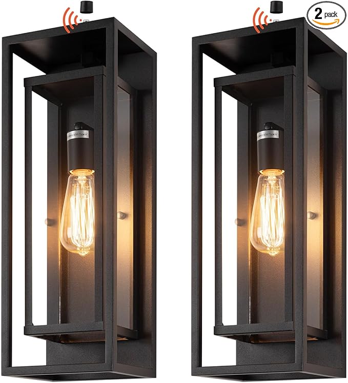 18" Dusk to Dawn Outdoor Wall Sconce 1 Light in Matte Black Rectangular Metal Frame