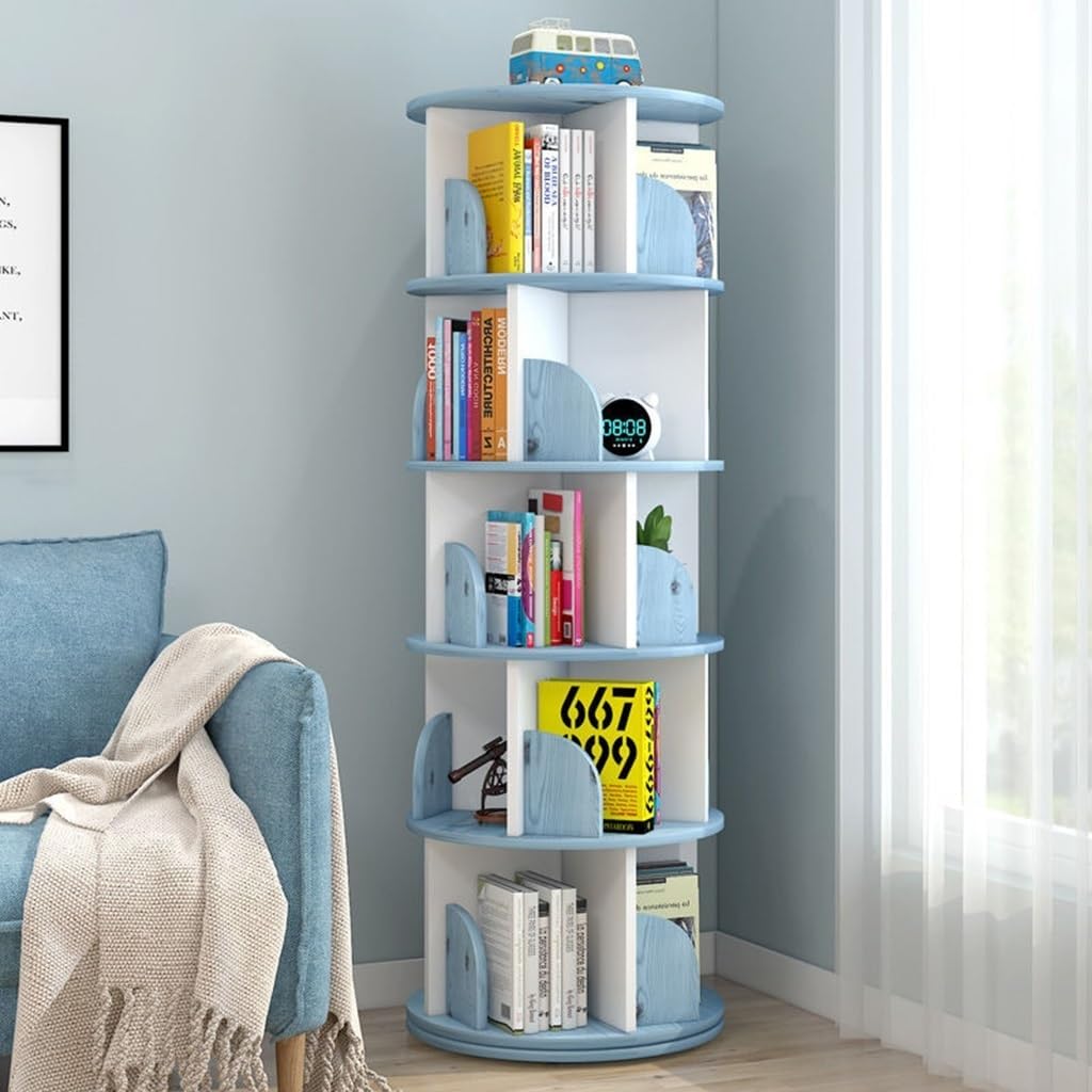 5 Tier Round Rotating Bookshelf, 360° Revolving Bookcase, Floor Rack Simple Bookcase