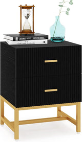 Modern Nightstand with 2 Big Striped Drawers, Tall Bed Side Table Wood Metal End Table